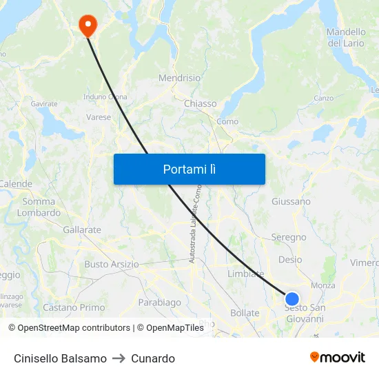 Cinisello Balsamo to Cunardo map