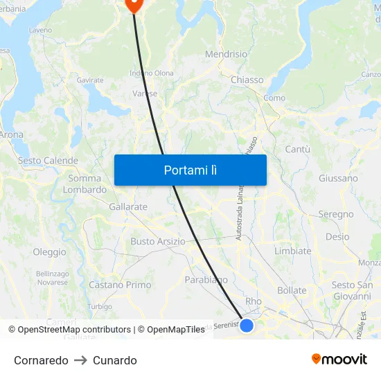 Cornaredo to Cunardo map