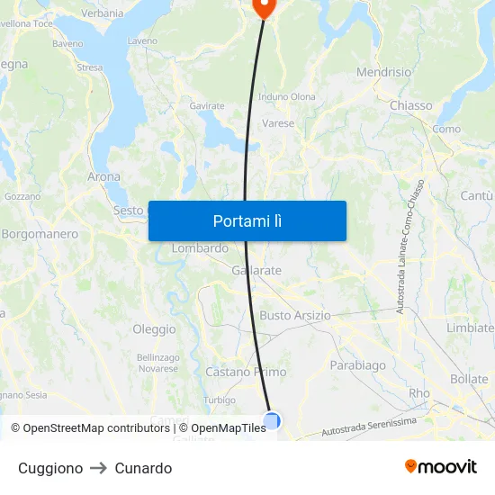 Cuggiono to Cunardo map