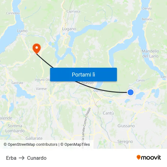Erba to Cunardo map