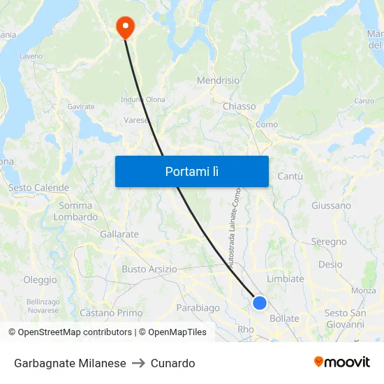 Garbagnate Milanese to Cunardo map