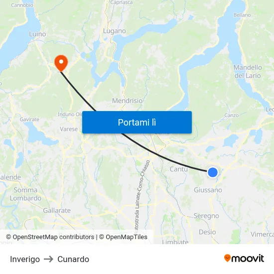 Inverigo to Cunardo map