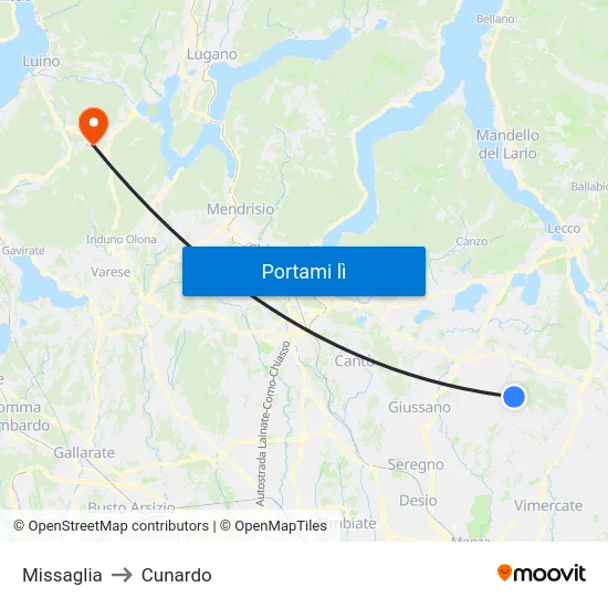 Missaglia to Cunardo map