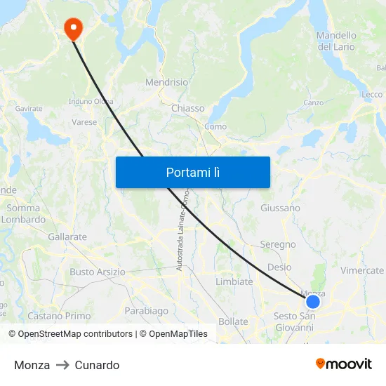 Monza to Cunardo map