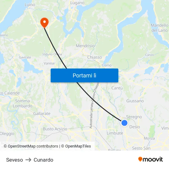 Seveso to Cunardo map