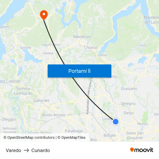 Varedo to Cunardo map