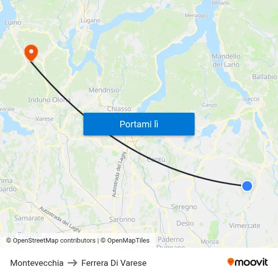 Montevecchia to Ferrera Di Varese map
