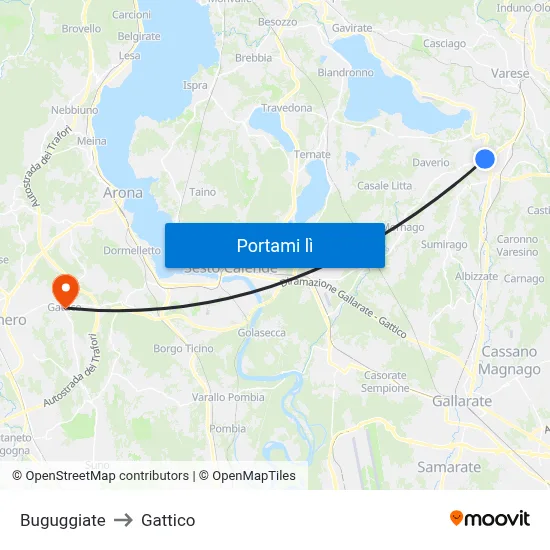Buguggiate to Gattico map
