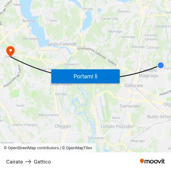 Cairate to Gattico map