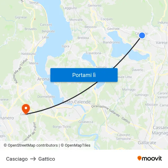Casciago to Gattico map