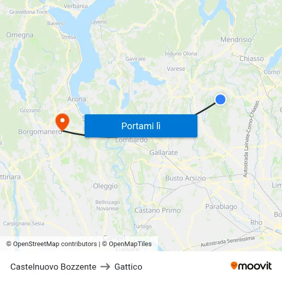 Castelnuovo Bozzente to Gattico map