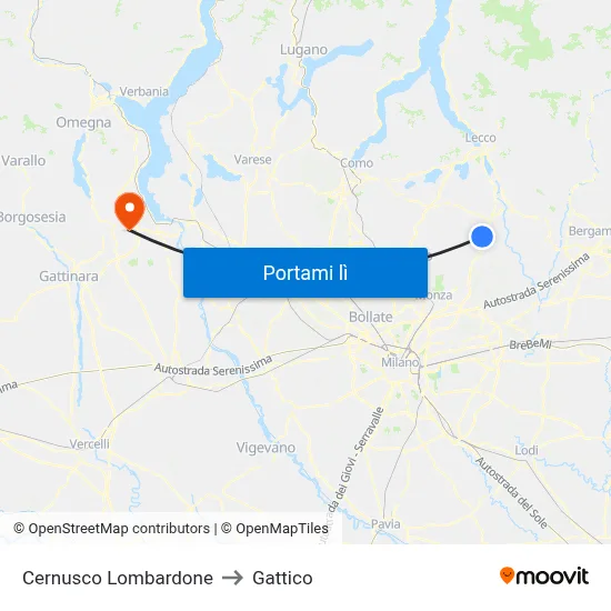 Cernusco Lombardone to Gattico map