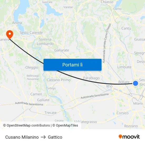 Cusano Milanino to Gattico map