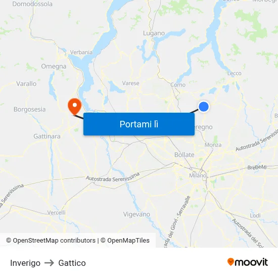 Inverigo to Gattico map