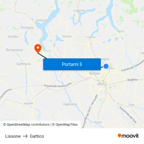 Lissone to Gattico map