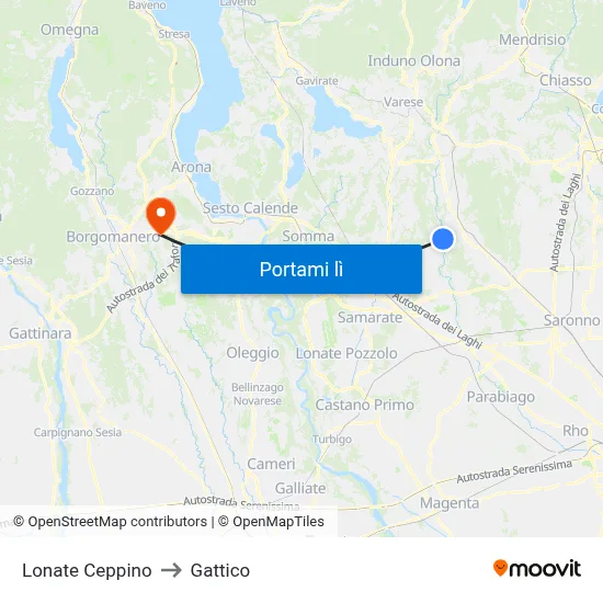Lonate Ceppino to Gattico map