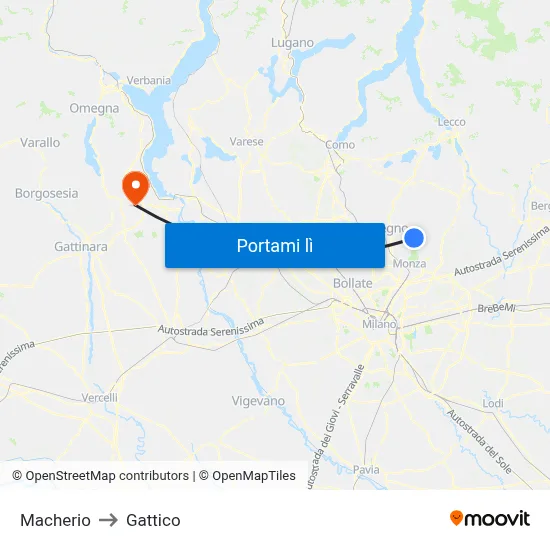 Macherio to Gattico map