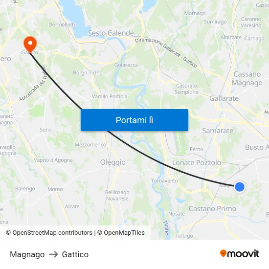 Magnago to Gattico map