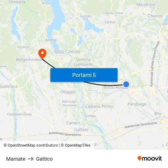 Marnate to Gattico map