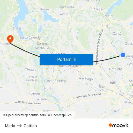 Meda to Gattico map