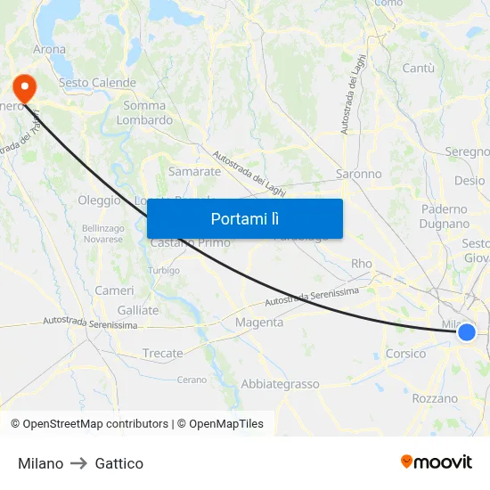 Milano to Gattico map