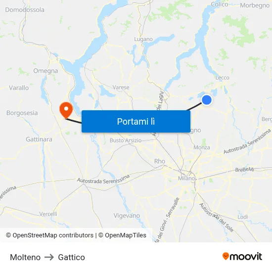 Molteno to Gattico map