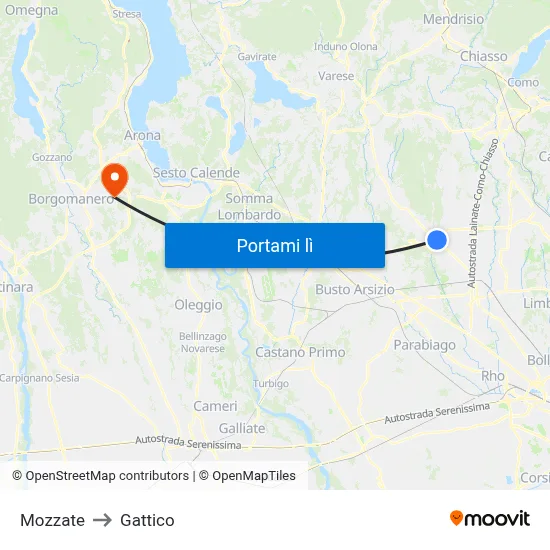 Mozzate to Gattico map