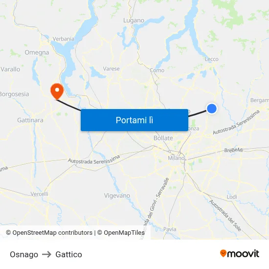 Osnago to Gattico map