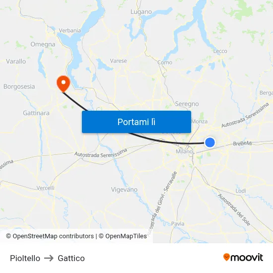 Pioltello to Gattico map