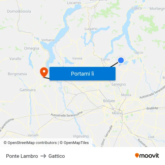 Ponte Lambro to Gattico map