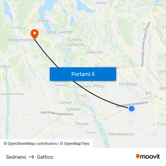 Sedriano to Gattico map