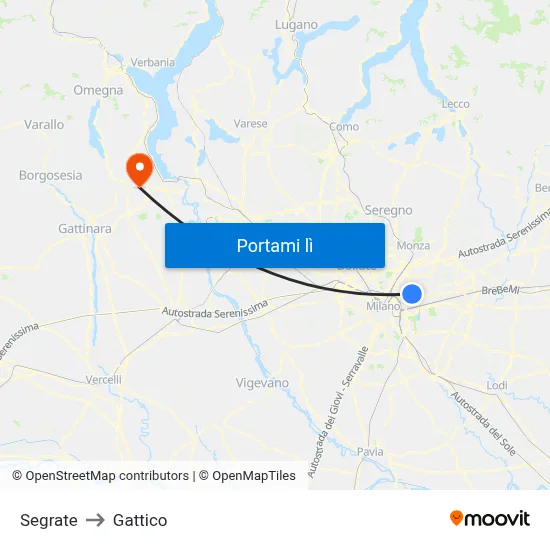 Segrate to Gattico map