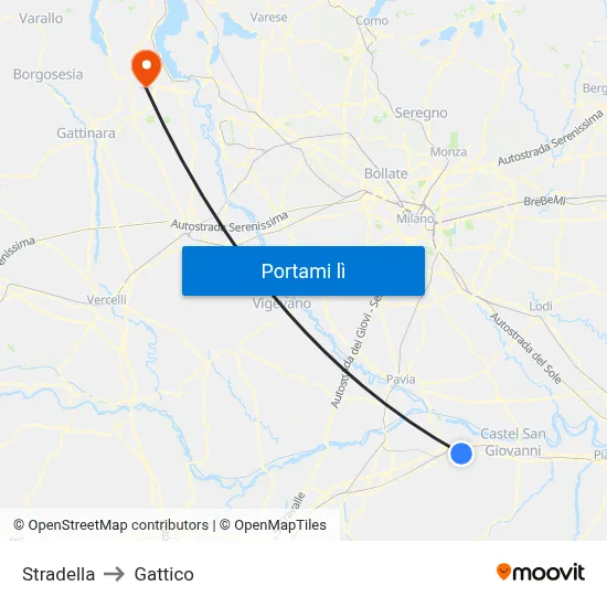 Stradella to Gattico map