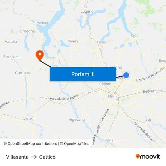 Villasanta to Gattico map