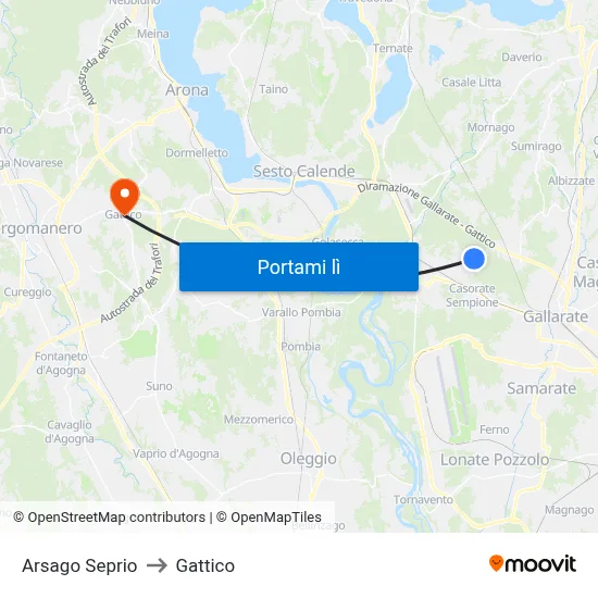 Arsago Seprio to Gattico map