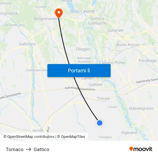 Tornaco to Gattico map