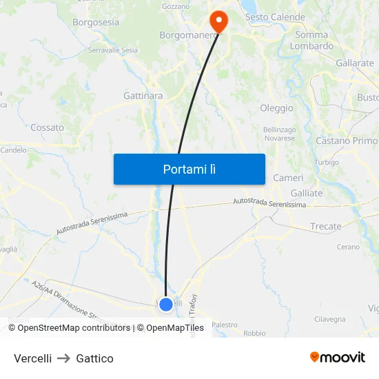 Vercelli to Gattico map