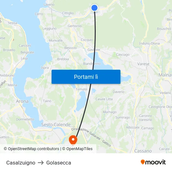 Casalzuigno to Golasecca map