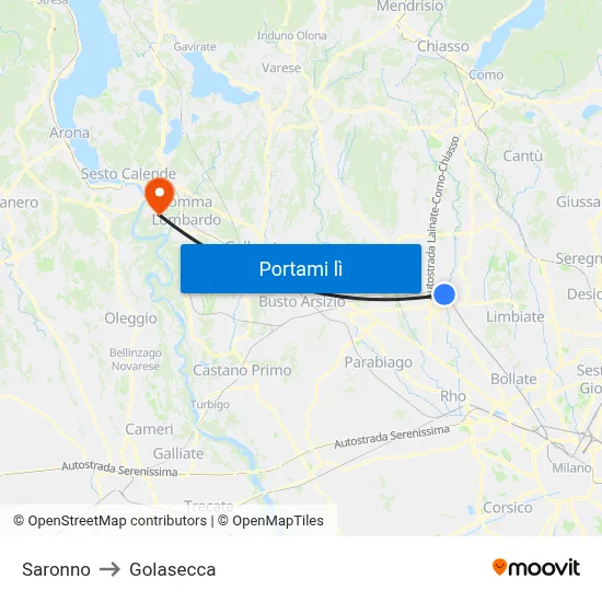 Saronno to Golasecca map