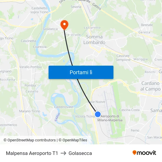 Malpensa Aeroporto T1 to Golasecca map