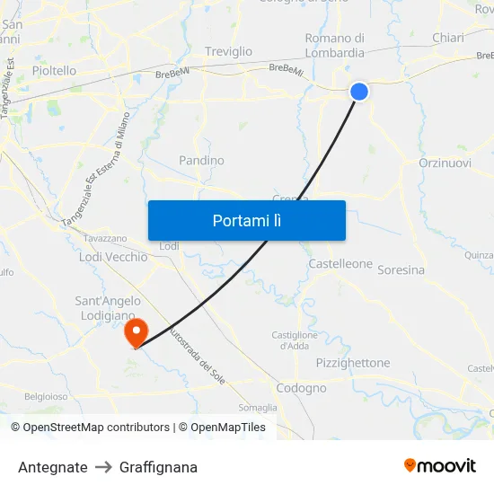 Antegnate to Graffignana map