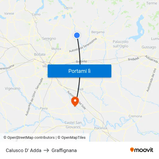 Calusco D' Adda to Graffignana map