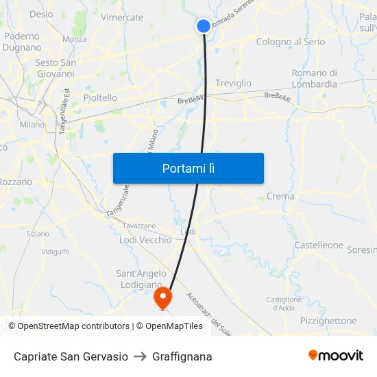 Capriate San Gervasio to Graffignana map