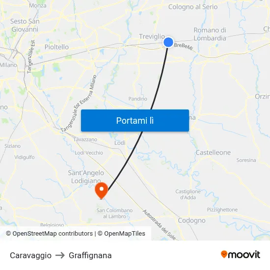 Caravaggio to Graffignana map