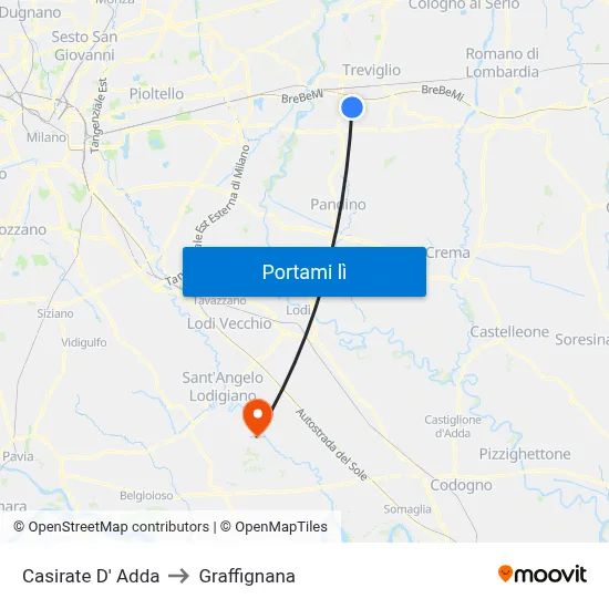 Casirate D' Adda to Graffignana map