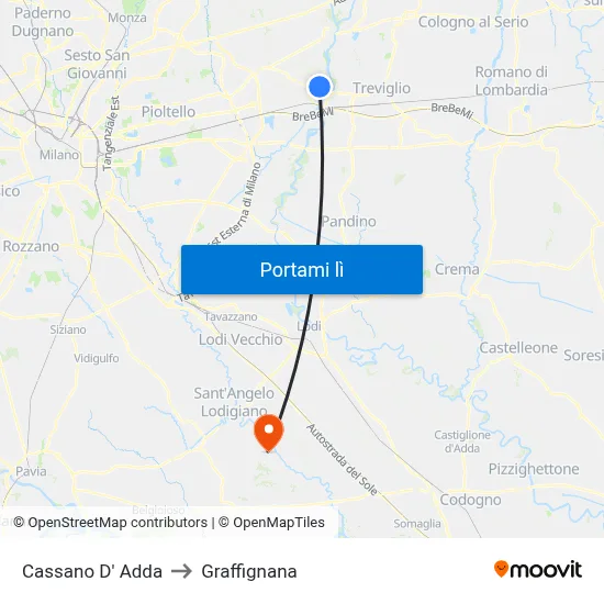 Cassano D' Adda to Graffignana map