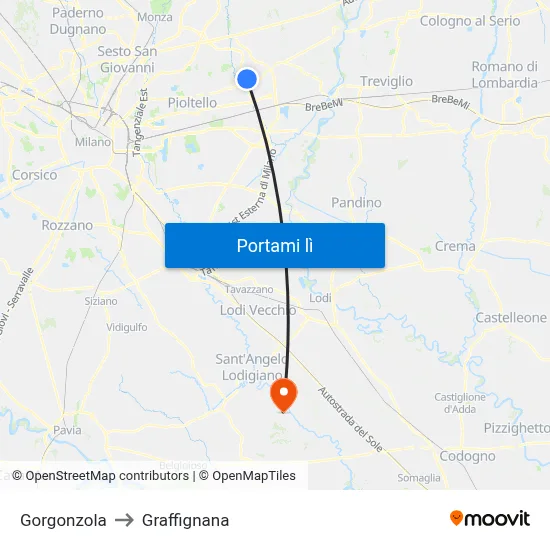 Gorgonzola to Graffignana map