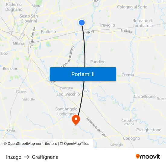 Inzago to Graffignana map