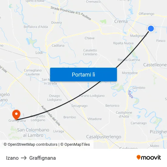 Izano to Graffignana map