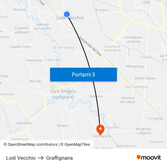 Lodi Vecchio to Graffignana map